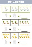 jeu éducatif pour les enfants addition amusante en comptant et en traçant le nombre de dessin animé mignon oie canard caneton feuille de travail de ferme imprimable vecteur