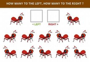 jeu éducatif pour les enfants match par direction gauche droite orientation vers le haut ou vers le bas de la feuille de calcul de bogue imprimable de fourmi de dessin animé mignon vecteur