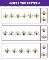 jeu éducatif pour les enfants devinez le motif chaque rangée de la feuille de calcul de bogue imprimable de libellule de dessin animé mignon vecteur