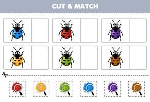 jeu éducatif pour les enfants coupez et associez la même couleur de feuille de calcul imprimable de coccinelle de dessin animé mignon vecteur