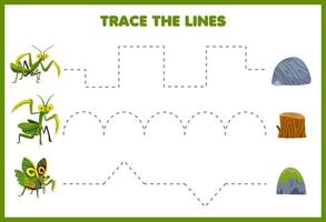 jeu éducatif pour les enfants pratique de l'écriture tracer les lignes avec une mante de dessin animé mignon et une image de pierre feuille de calcul de bogue imprimable vecteur