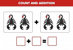 jeu éducatif pour les enfants ajout amusant en comptant des images de scorpion de dessin animé mignon feuille de calcul de bogue imprimable vecteur