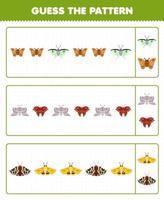 jeu éducatif pour les enfants devinez le motif chaque rangée de la feuille de calcul de bogue imprimable de papillon de nuit de dessin animé mignon vecteur