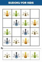 jeu éducatif pour les enfants sudoku pour les enfants avec feuille de calcul de bogue imprimable libellule de dessin animé mignon vecteur