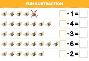 jeu éducatif pour les enfants soustraction amusante en comptant l'abeille de dessin animé mignon dans chaque rangée et en l'éliminant feuille de calcul de bogue imprimable vecteur