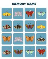 jeu éducatif pour la mémoire des enfants pour trouver des images similaires de feuille de calcul de bogue imprimable de papillon de nuit de dessin animé mignon vecteur