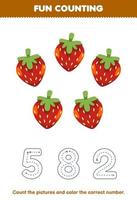 jeu éducatif pour les enfants comptez les images et coloriez le nombre correct de la feuille de travail de fruits à imprimer aux fraises de dessin animé mignon vecteur