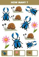 jeu éducatif pour les enfants recherchant et comptant combien d'objets de feuille de calcul de bogue imprimable d'escargot de fleur de coléoptère de dessin animé mignon vecteur