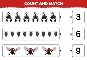 jeu éducatif pour les enfants compter le nombre de dessin animé mignon scorpion pou coléoptère et faire correspondre avec les bons numéros feuille de calcul de bogue imprimable vecteur