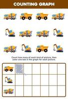 jeu d'éducation pour les enfants comptez combien de dessin animé mignon pelle concentré mélangeur camion à benne basculante puis coloriez la boîte dans le graphique feuille de transport imprimable vecteur