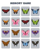 jeu d'éducation pour la mémoire des enfants pour trouver des images similaires de feuille de calcul de bogue imprimable de papillon de dessin animé mignon vecteur