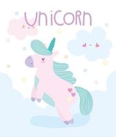 licorne de dessin animé avec des nuages et des coeurs vecteur