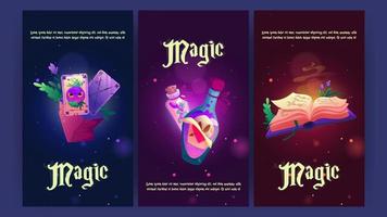 affiches magiques de dessin animé avec des trucs de magicien de sorcière vecteur