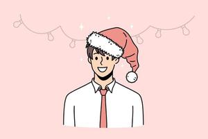 portrait d'homme d'affaires souriant en chapeau de père noël célébrer le nouvel an. le patron ou l'employé de l'homme heureux organise une fête ou une fête de noël. vacances d'hiver ou concept de vacances. illustration vectorielle. vecteur