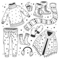 vêtements d'hiver à colorier doodle dessinés à la main vecteur