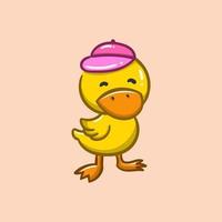 canard de dessin animé mignon utiliser un chapeau rose avec un visage souriant vecteur