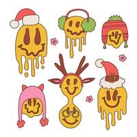 ensemble de noël avec des emojis groovy dans différents chapeaux de vacances. sourire hippie avec bonnet de noel dans le style rétro des années 70. visages fondants. contour illustration vectorielle dessinés à la main. vecteur