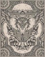 illustration tête d'éléphant gravure style ornement avec masque vecteur