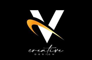 création de logo de lettre v avec swoosh doré créatif. lettre v icône initiale avec vecteur de forme incurvée