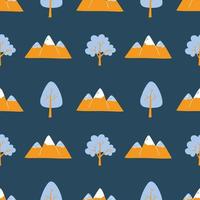 modèle vectoriel avec de jolies maisons colorées scandinaves, des montagnes et des arbres dans le style de doodle, hugge, forêt confortable, nature. motif pour tissus, cartes postales, emballages cadeaux, pyjamas.