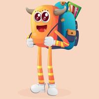 mignon monstre orange portant un cartable, sac à dos, retour à l'école vecteur