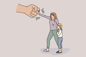 arrêter le concept de harcèlement et d'intimidation. femme en colère debout et se défendant et son fils de la main humaine poing combat l'intimidation illustration vectorielle vecteur