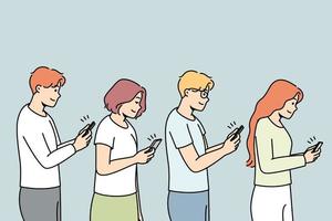 jeunes en ligne avec des smartphones dans les mains accros aux gadgets. hommes et femmes ayant une dépendance aux téléphones portables. technologie et monde moderne. illustration vectorielle. vecteur