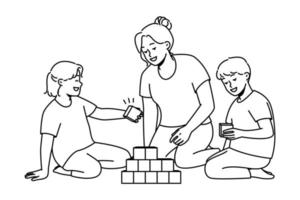 une jeune mère attentionnée joue avec les enfants à la maison. maman aimante engagée dans un jeu avec des blocs colorés avec des enfants le week-end de loisirs. illustration vectorielle. vecteur