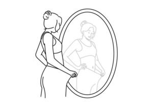 une jeune femme heureuse regarde dans le miroir voir un gros pantalon lâche perdre du poids avec le sport et l'alimentation. voyage de perte de poids fille souriante et satisfaite. illustration vectorielle. vecteur