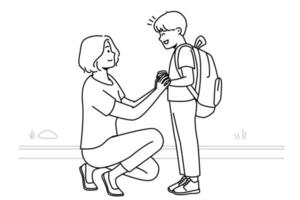 mère souriante voyant un petit fils adolescent avec sac à dos à l'école. heureuse maman attentionnée descendre garçon enfant excité à la maternelle. illustration vectorielle. vecteur