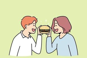 couple souriant mangeant un hamburger savoureux ensemble. un homme et une femme heureux savourent un délicieux burger. chaîne de restauration rapide et de restauration. illustration vectorielle. vecteur