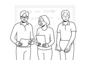 étudiants souriants avec des documents debout près du tableau présentant en classe. des élèves heureux avec de la paperasse font une présentation à l'école. illustration vectorielle. vecteur