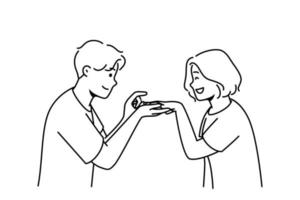 un homme aimant fait une proposition à une femme excitée. un homme heureux et attentionné a mis une bague de fiançailles sur un doigt féminin souriant. objectif de mariage et de relation. illustration vectorielle. vecteur