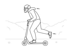 heureux homme âgé énergique à cheval sur un scooter à l'extérieur. un vieux grand-parent actif et souriant s'amuse à conduire sur un scooter. maturité. illustration vectorielle. vecteur
