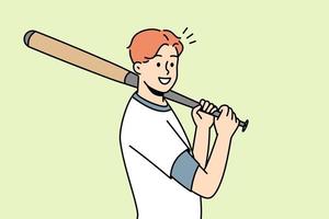 jeune sportif masculin souriant avec une batte de baseball jouant au jeu sur le terrain. athlète heureux en uniforme. illustration vectorielle. vecteur