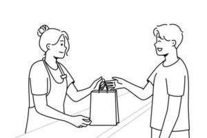 une caissière souriante donne un sac en carton à un client masculin heureux dans la boutique. paquet de main de vendeur de femme heureuse à un client homme excité en magasin. illustration vectorielle. vecteur