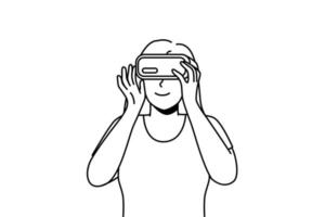 une femme souriante dans des lunettes vr explore de nouveaux horizons. une fille heureuse dans un casque de réalité virtuelle profite de la technologie moderne. illustration vectorielle. vecteur