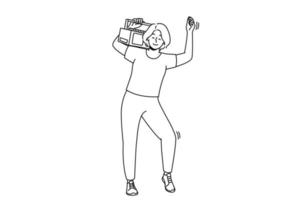 jeune femme ravie avec stéréo sur l'épaule dansant et s'amusant. une fille souriante écoute de la musique sur un appareil boombox. illustration vectorielle. vecteur