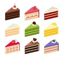 collection de tranches de gâteau. gâteau au chocolat, fraise, velours rouge, vanille, matcha ou thé vert, citron et myrtille. icône de bonbons isométriques. illustration vectorielle de dessin animé mignon. menu des desserts sucrés du café. vecteur