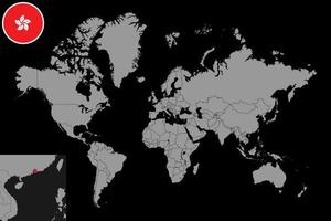 épinglez la carte avec le drapeau de hong kong sur la carte du monde. illustration vectorielle. vecteur