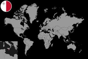 épinglez la carte avec le drapeau de malte sur la carte du monde. illustration vectorielle. vecteur