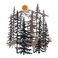 montagnes forestières avec silhouette de soleil et de cerf. cerfs dans l'illustration de la forêt. illustration de stock de vecteur. vecteur