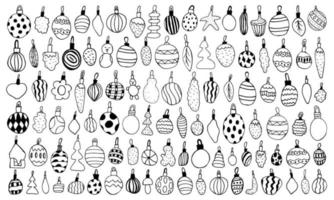 différents types de boules de noël dans un style doodle. décorations d'ornement du nouvel an. illustration de stock de vecteur. vecteur