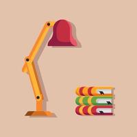 lampe de table avec illustration vectorielle plane de livres. lampe de table, livres, cours, devoirs, soirée. illustration de stock de vecteur. vecteur