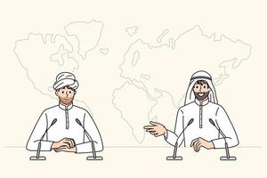 conférence de presse du concept d'hommes d'affaires arabes. deux hommes d'affaires partenaires de l'islam assis parlant ayant une illustration vectorielle de conférence de presse vecteur