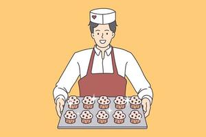 Ouvrier de pâtisserie avec plateau à cupcakes. illustration de concept de vecteur de desserts boulanger servant des muffins sucrés.