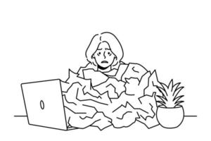 employée fatiguée sous une pile de papier submergée par le travail au bureau. femme épuisée surmenée sur le lieu de travail. burn-out et fatigue. illustration vectorielle. vecteur