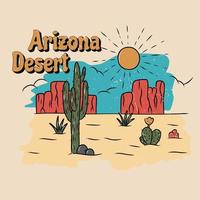 ambiance du désert de l'arizona avec cactus et montagne. conception d'impression pour vêtements, autocollants, t-shirt et autres. illustration vintage rétro. vecteur