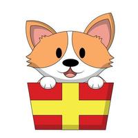 corgi de chien mignon dans une boîte cadeau. dessiner une illustration en couleur vecteur