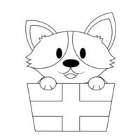 corgi de chien mignon dans une boîte cadeau. dessiner une illustration en noir et blanc vecteur